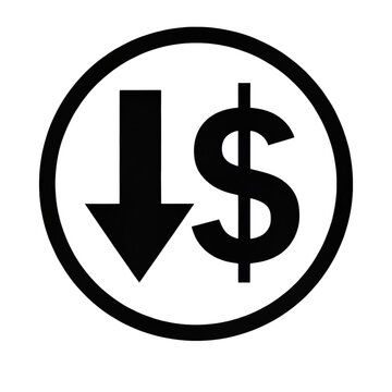 A black icon featuring a downward arrow and a dollar sign inside a circle, symbolizing a decrease or drop in monetary value or price.