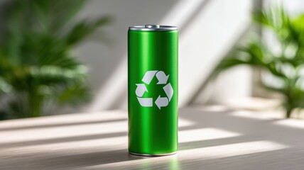 Battery storage charging innovation. A green battery with a recycling symbol, placed on a table with soft sunlight and greenery in the background.