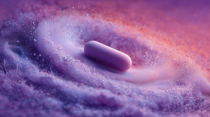 Fototapeta premium A purple capsule pill surrounded by swirling particles and droplets, set against a vibrant, dreamy purple and orange background.