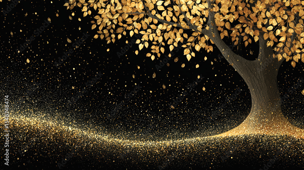 Poster a golden tree with shimmering leaves glows against a dark background, with sparkling particles creat