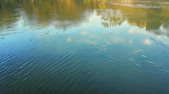 Water surface with reflections of sky and trees. Rippling blue water with natural light. Ocean, lake, or river background concept. footage.