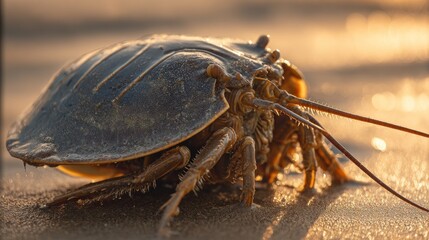 Horseshoe crab crawling on sandy beach with ancient armored shell, symbolizing prehistoric resilience and marine life survival in natural habitat.
