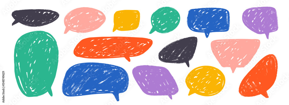 Poster colored hand drawn speech bubble collection. scribbled textured dialog box set. crayon doodled comic