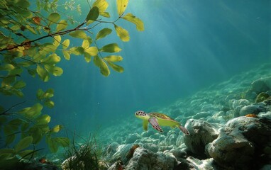 Underwater scene of a sea turtle among aquatic plants