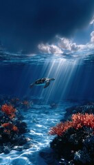Underwater scene with turtle and coral
