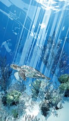 Underwater scene with sea turtle