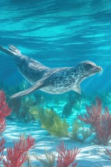 Underwater seal amidst coral