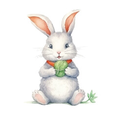 Obraz premium Watercolor Illustration of a Cheerful Bunny Holding a Green Egg