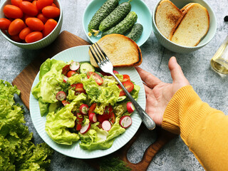 Fresh vegetable summer colorful salad. Vegetarian food. Top view.
