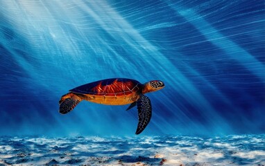 Underwater turtle bathed in sunlight