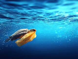 Underwater turtle caught in plastic