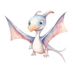 Fototapeta premium Watercolor Illustration of a Cute Baby Pterodactyl with Pastel Wings