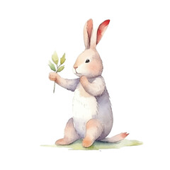 Obraz premium Watercolor Illustration of a Cute Rabbit Holding a Tiny Plant