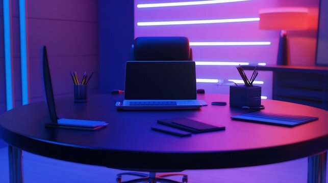 A sleek office desk with a laptop and accessories bathed in neon purple and blue light