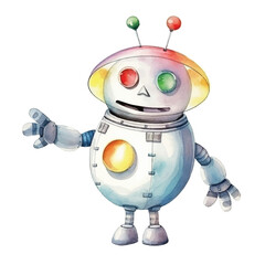 Watercolor Illustration of a Friendly Colorful Robot