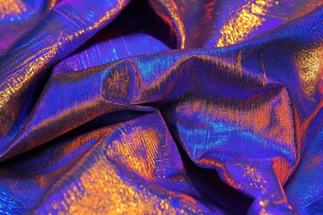 Vibrant iridescent fabric drapes in swirling folds