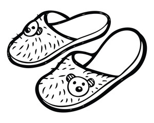 Cute fluffy bear face slippers in black and white line art vector illustration
