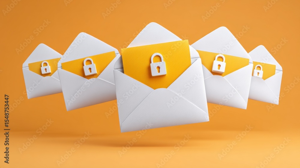 Poster email security, spam call. floating envelopes with padlocks on a vibrant orange background symbolize