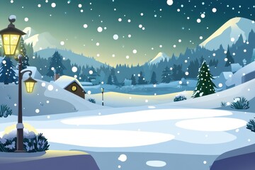 Snowy winter night landscape with houses and lantern