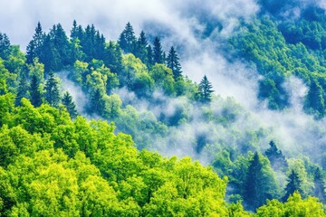Misty mountain forest. Lush green trees and fog