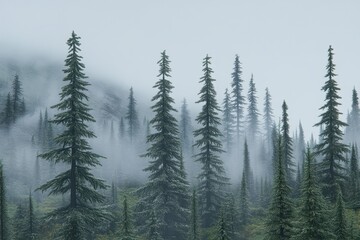 Misty forest scene. Tall evergreens stand in a dense fog