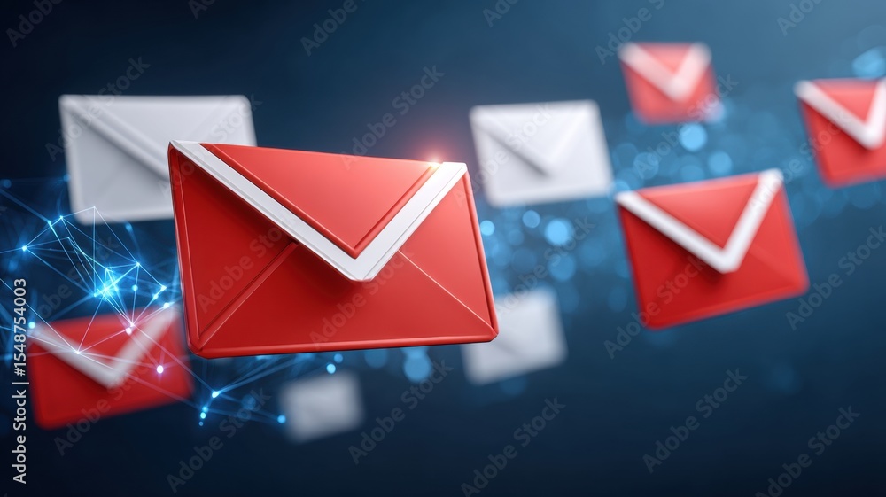 Poster email security, spam call. digital envelopes floating with a network background, symbolizing email c