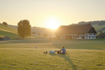 Gentle sunset over a picturesque rural scene. A man sits in a grassy field with his dogs, watching the sun set behind a traditional farmhouse