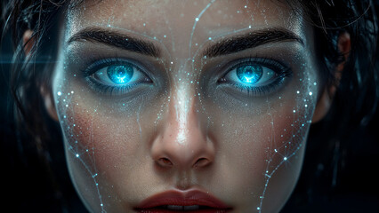 Mystical woman with shimmering blue eyes and futuristic aura