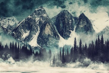 Majestic snow-capped peaks pierce a misty, wintry landscape.  Dense evergreen forest clings to the mountain slopes, shrouded in a thick fog.  A dramatic sky of dark clouds hangs over the scene