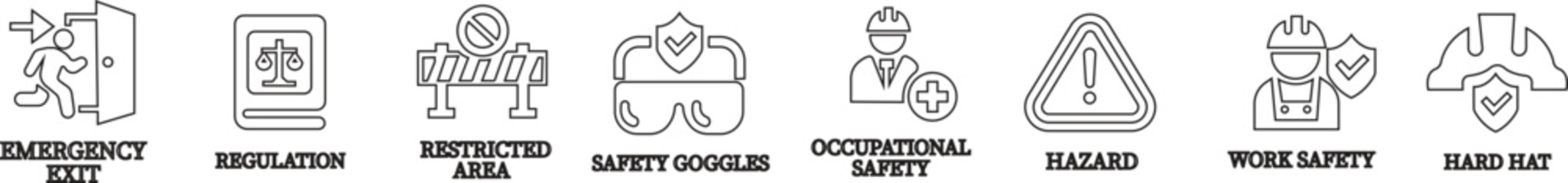 
Work safety line art icon set.Warning sign safety first clip art collection for under construction.Obstacle vector illustration.Icon vector for safety and health at work with safety first.
