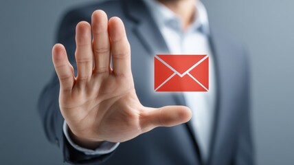 Email security, spam call. A businessman rejecting email communication with a raised hand gesture.