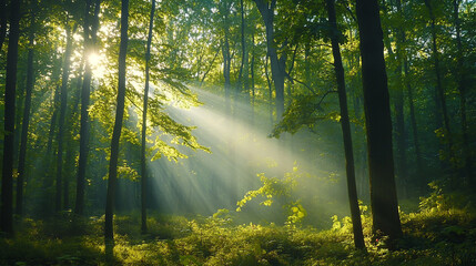 A forest landscape with sunlight filtering through the trees, casting dappled shadows on the lush green grass, creating an atmosphere of tranquility and natural beauty.