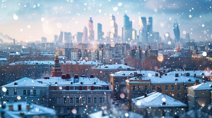 Naklejka premium Winter cityscape view buildings under a snowy sky with soft lighting
