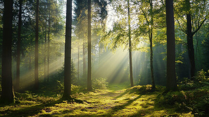 A forest landscape with sunlight filtering through the trees, casting dappled shadows on the lush green grass, creating an atmosphere of tranquility and natural beauty.