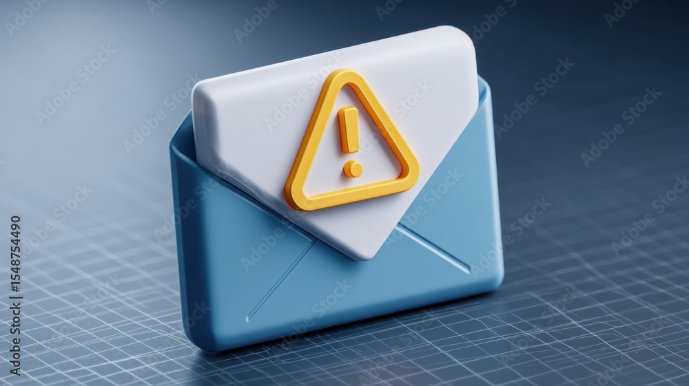 Poster email security, spam call. 3d email icon with a warning symbol, representing alerts or notifications