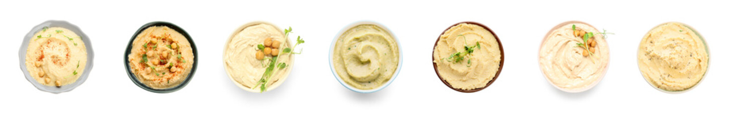 Set of delicious hummus on white background, top view