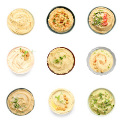 Set of delicious hummus on white background, top view