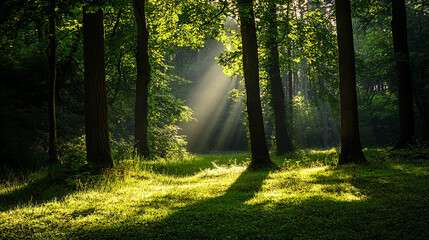 A forest landscape with sunlight filtering through the trees, casting dappled shadows on the lush green grass, creating an atmosphere of tranquility and natural beauty.
