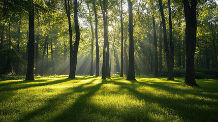 A forest landscape with sunlight filtering through the trees, casting dappled shadows on the lush green grass, creating an atmosphere of tranquility and natural beauty.