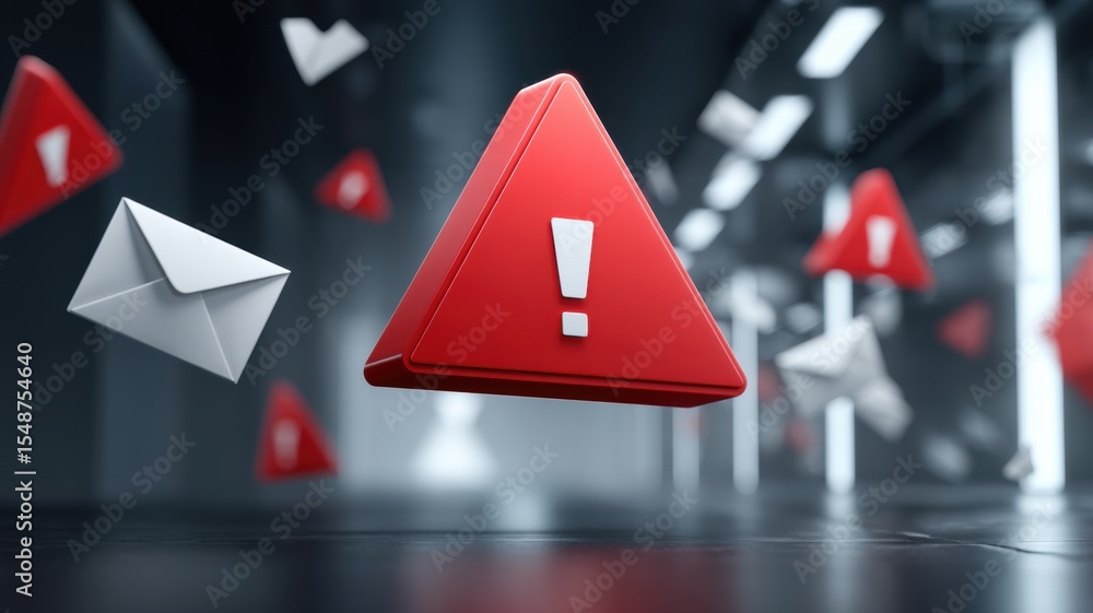 Poster email security, spam call. red warning signs floating in a digital environment indicating alerts and