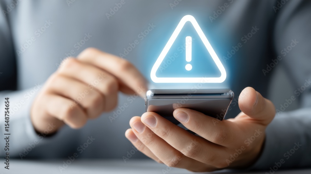Poster email security, spam call. a person using a smartphone with a warning symbol displayed on the screen