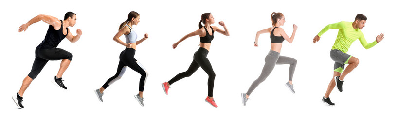 Set of running people on white background