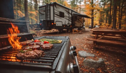 Outdoor grilling in a scenic autumn campsite