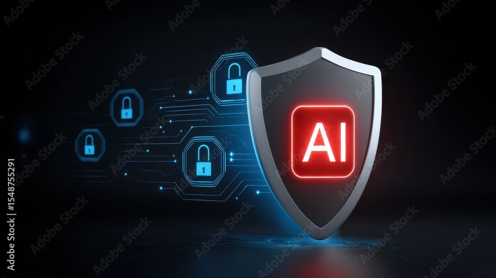 Poster email security, spam call. digital shield symbolizing ai security with padlocks and circuit patterns