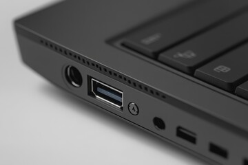 Laptop Ports. Close-up of Large USB Port on Open Laptop. Macro Shot with Sharpened Depth of Field