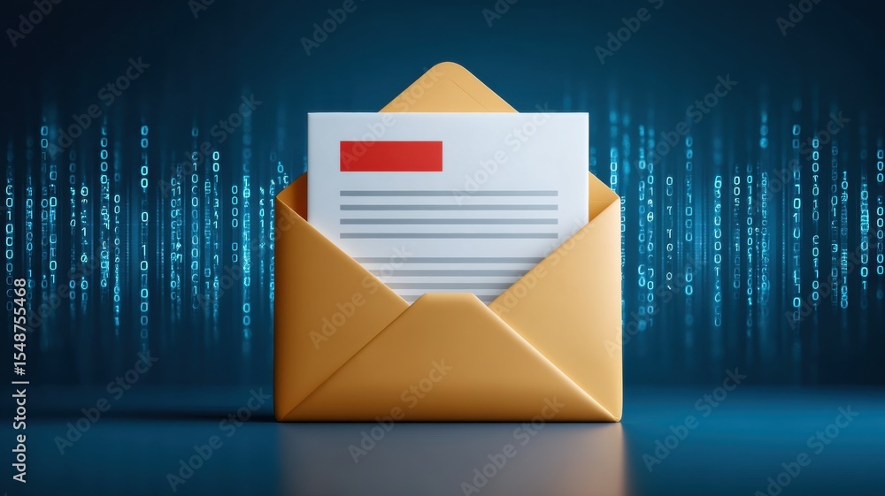 Poster email security, spam call. digital envelope with a letter inside, set against a binary code backgrou