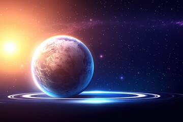 Earth in the vast cosmos, bathed in the warm glow of a distant sun.  Energetic rings encircle the planet, showcasing a connection to the cosmos