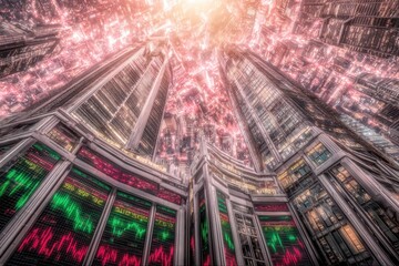 Urban cityscape at night, looking up at skyscrapers.  Dynamic display of financial data