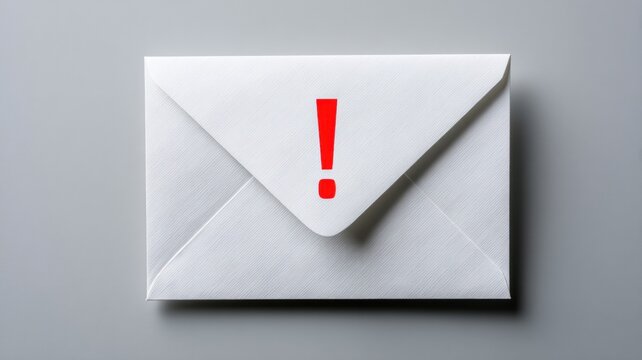 Email security, spam call. Envelope with an exclamation mark, indicating urgency or important message.