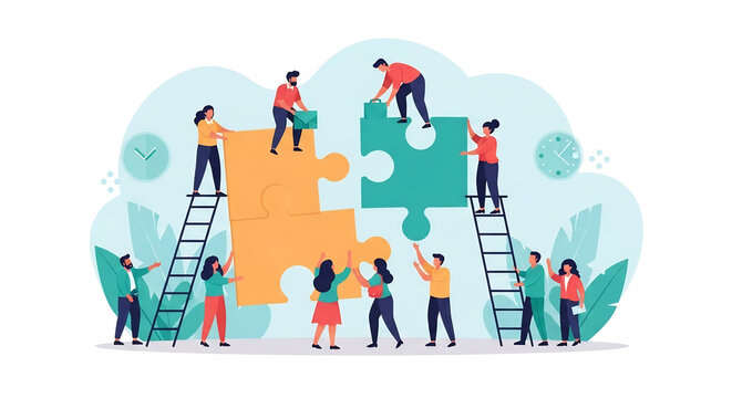 A group of people collaborating to assemble large puzzle pieces, working together on ladders and the ground with white isolated background